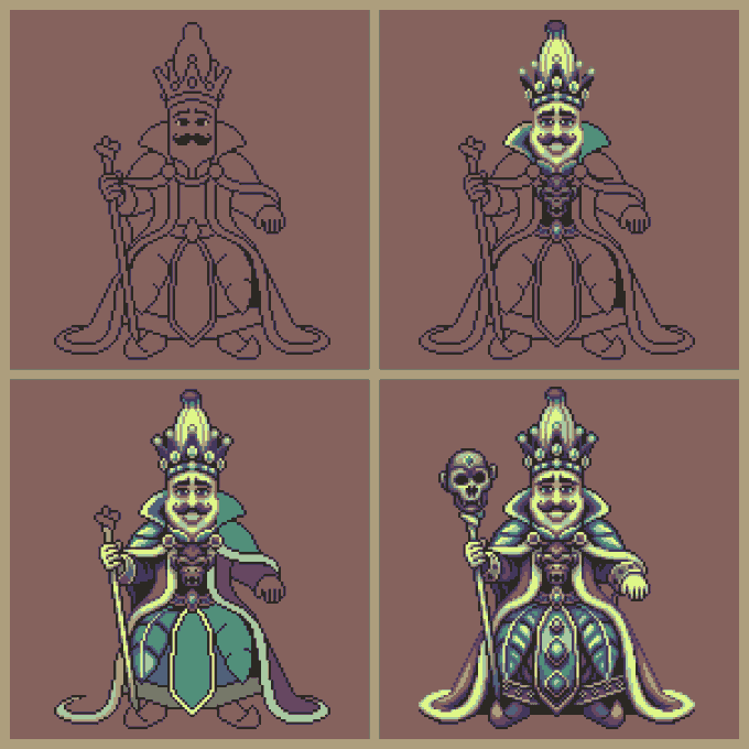 The image shows four different cartoon illustrations of a king sitting on a throne with a crown on his head. The king's attire consists of a green robe, a purple cape, and a gold crown. Each illustration has a unique style and color scheme, but they all share the same central theme of a royal figure in a regal position. The post is titled "Day #1033: Banana Kingdom" and includes a caption that provides information about the creator's workflow for this particular piece.