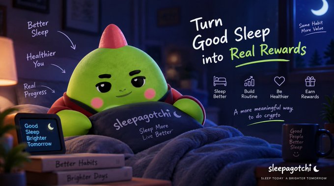 A promotional advertisement for Sleepagotchi, featuring a green cartoon mascot in a red sleeping cap tucked into bed, with the tagline 'Turn Good Sleep into Real Rewards' and benefits like 'Sleep Better', 'Build Routine', 'Be Healthier', and 'Earn Rewards'.