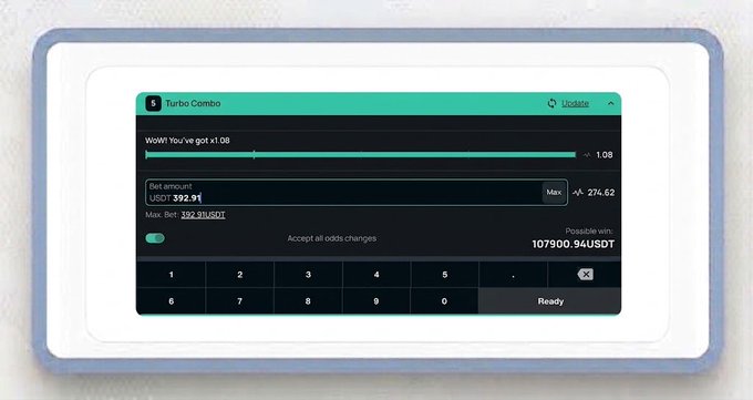 A digital interface displayed on a tablet showing a "Turbo Combo" betting screen with a set amount of 392.91 USDT, displaying an account balance of 107900.94USDT and a message "WOW! You've got x1.08".