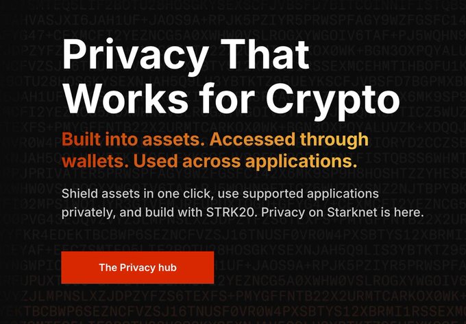 The graphic promotes Starknet privacy features with the headline “Privacy That Works for Crypto” and the subheading “Built into assets. Accessed through wallets. Used across applications.” It highlights STRK20, the Starknet privacy hub, and privacy tools for shielding assets and using supported applications privately.