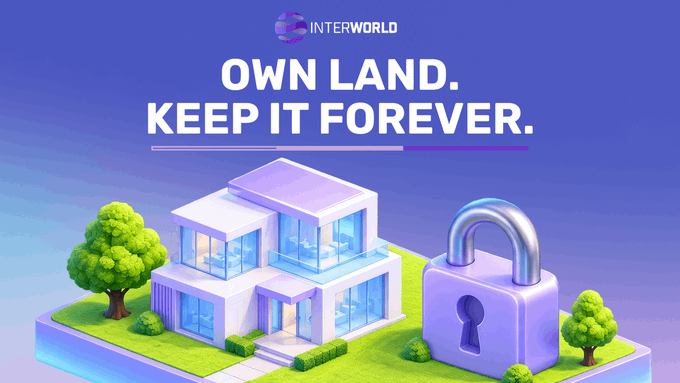 A 3D-rendered advertisement for 'INTERWORLD' features a modern white house next to a large purple padlock on a grassy platform, with the tagline 'OWN LAND. KEEP IT FOREVER.'