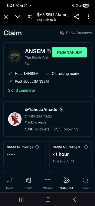 A mobile app screenshot showing a "Claim" page for the token "$ANSEM" on app.bullpen.fi, indicating all requirements are complete, with a profile for "@YahuzaAmadu".