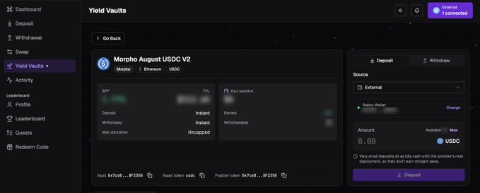 A dark-themed cryptocurrency dashboard displays a 'Morpho August USDC V2' yield vault on Morpho/Ethereum/USDC, with an APY of 17%, instant deposit/withdrawal options, and a deposit input field set to 0.00 USDC.
