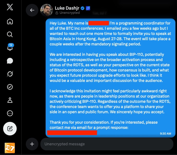 Screenshot of a Twitter DM to Luke Dashjr from an unidentified programming coordinator for BTC Inc, inviting him to speak at Bitcoin Asia in Hong Kong on August 27-28 about BIP-110.