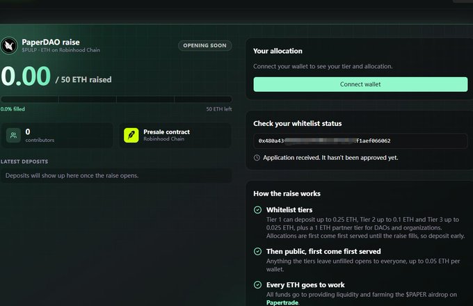 Screenshot of a cryptocurrency presale website titled "PaperDAO" on Robinhood Chain, showing 0.00 / 50 ETH raised with a "Connect wallet" button and whitelist status section.