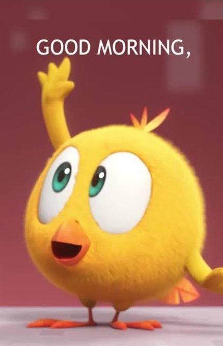A cheerful yellow animated chick character waving with text "GOOD MORNING," displayed above it on a red background.