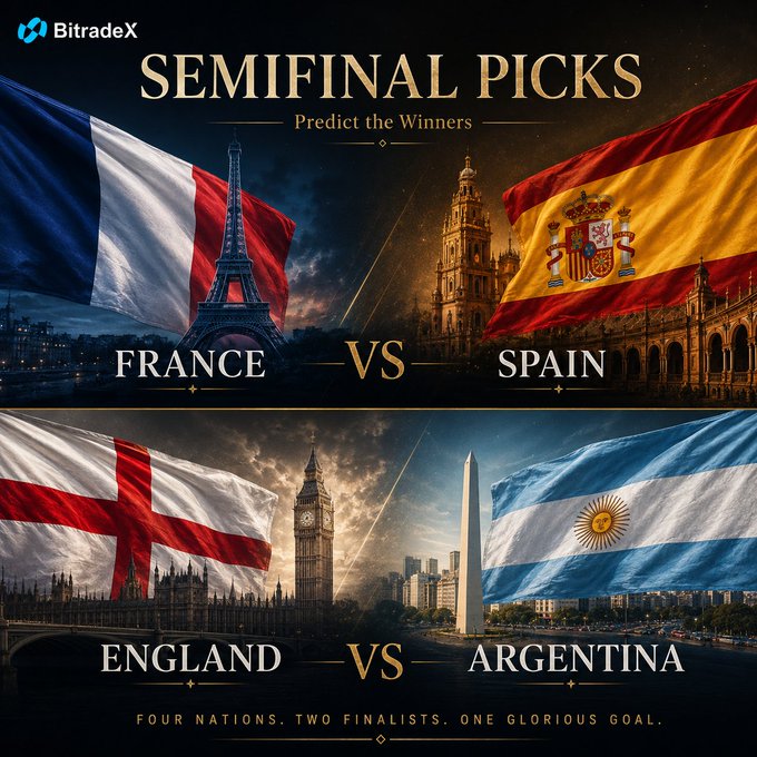 A promotional graphic for a BitradeX prediction contest featuring semifinal matchups—France vs. Spain and England vs. Argentina—displayed with each nation's flag and iconic landmarks (Eiffel Tower, Spanish cathedral, Big Ben, and Obelisk), under the headline "SEMIFINAL PICKS – Predict the Winners."
