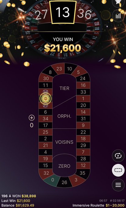 A digital roulette screen displays a winning spin of "13" with a payout of "$21,600," alongside a chip placed on the number 13 and a balance of $81,629.49, aligning with the post's claim about playing 13 following a 31 and hinting at crypto wallet sharing.