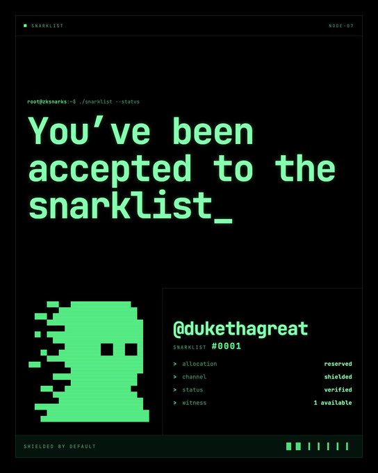 A digital graphic styled like a terminal interface displays 'You've been accepted to the snarklist_' and lists @dukethagreat as SNARKLIST #0001 with allocation 'reserved', channel 'shielded', status 'verified', and 1 available witness.
