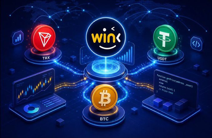 A digital illustration showing cryptocurrency logos for TRX, 'win', and USDT on pedestals, with a Bitcoin (BTC) coin in the center connected by circuitry lines.