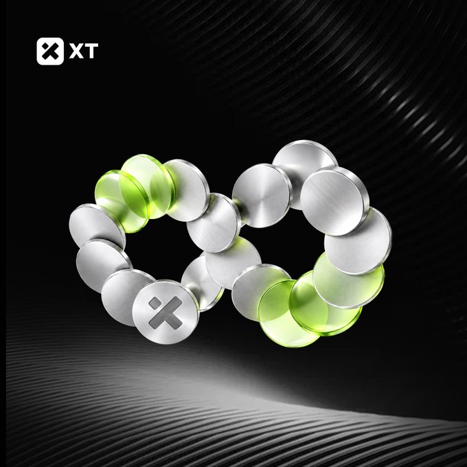 A product render of two interlocking beaded rings in silver and neon green against a black background, with an 'XT' logo in the corner.