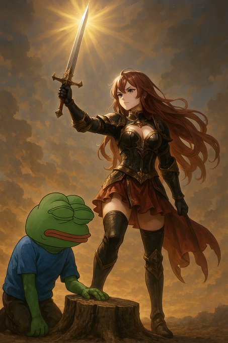 An anime-style illustration featuring a red-haired warrior woman in armor holding a glowing sword aloft, standing beside a green Pepe the Frog character in a blue shirt, against a dramatic cloudy sky.