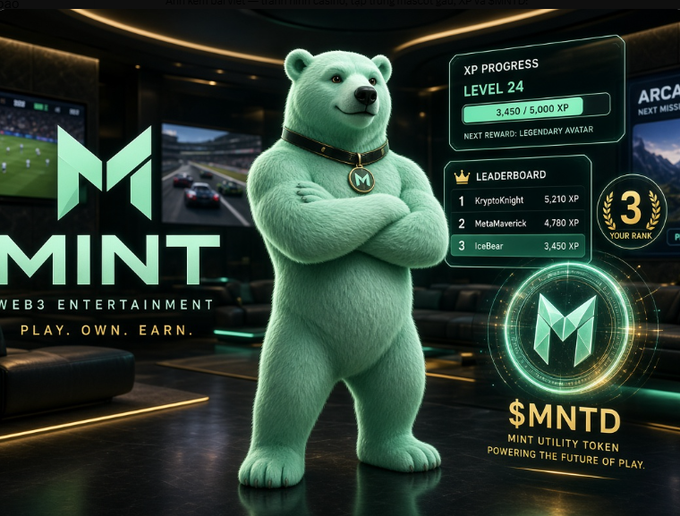 An avatar "IceBear" stands at 3rd place on the PlayOnMint Season 1 leaderboard with 3,450 XP at Level 24 (3,450 / 5,000 XP), illustrating the user's point that XP earned from gameplay directly feeds into the leaderboard rankings alongside the $MNTD utility token that powers the Web3 entertainment platform.