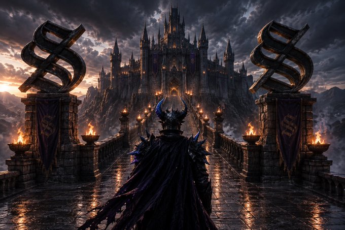 Fantasy scene featuring a dark-armored figure facing a gothic castle with dollar sign sculptures on either side.