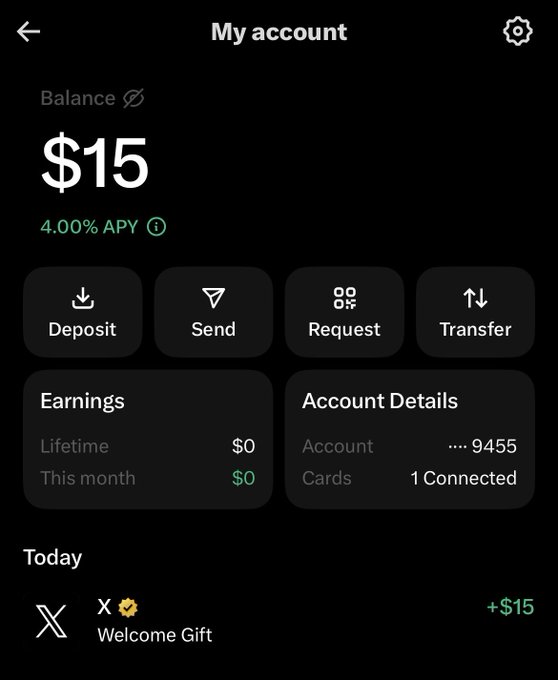 A mobile banking app 'My account' screen shows a $15 balance with 4.00% APY, options for Deposit, Send, Request, and Transfer, plus a $15 Welcome Gift from X credited today.