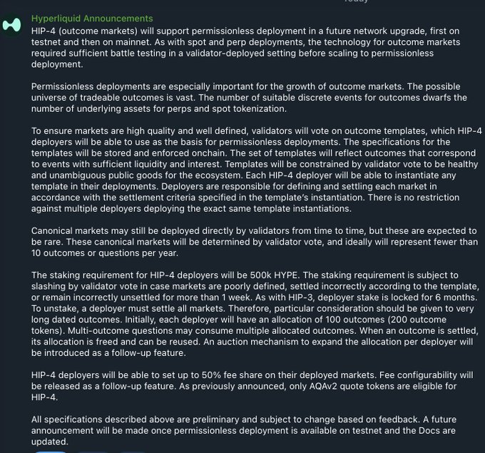 Hyperliquid Announcements text detailing HIP-4 about outcome markets supporting permissionless deployment, validator requirements, and a 500K HYPE staking requirement for deployers.