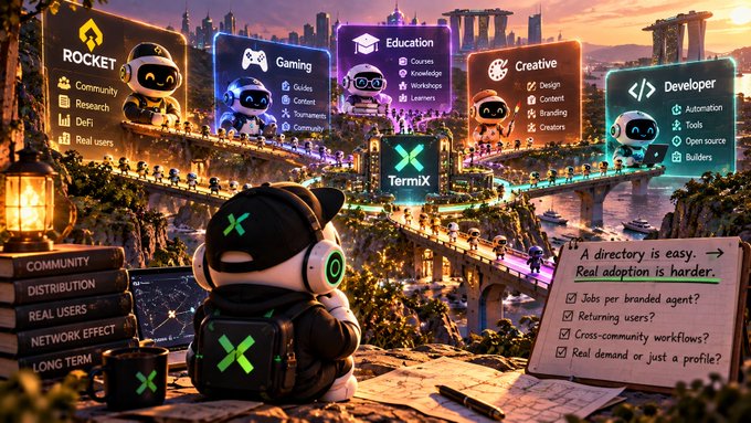 An AI-generated promotional graphic for TermiiX showing a character with an X-marked cap overlooking a digital city landscape with category panels (Rocket/Community, Gaming, Education, Creative, Developer) and a note about 'A directory is easy. Real adoption is harder.'