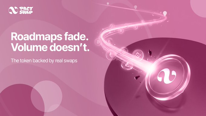 The image is a promotional graphic for "Pact Swap," featuring its pink logo and a glowing light trail weaving through cryptocurrency icons toward a large Pact Swap coin on the right. It displays the headline "Roadmaps fade. Volume doesn't." with the tagline "The token backed by real swaps," visually reinforcing the post's message that $PACT derives value from actual trading volume rather than promises.