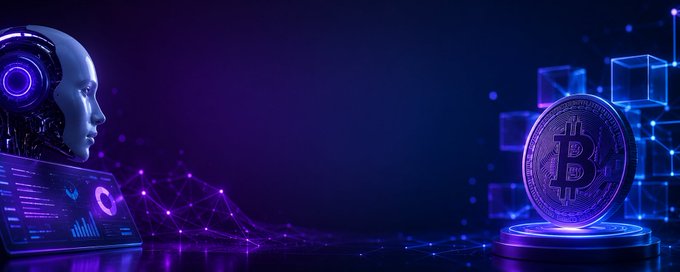 A futuristic AI robot with glowing purple headphones sits beside a holographic Bitcoin coin on a pedestal, set against a dark blue digital background with network nodes.