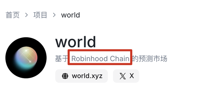 Web page header for the 'world' project (world.xyz) describing it as a prediction market based on Robinhood Chain, with the 'Robinhood Chain' text highlighted in a red box.