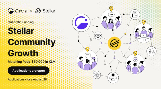 A promotional graphic for 'Quadratic Funding Stellar Community Growth' by Giveth and Stellar, offering a matching pool of '$50,000 in XLM' with applications open until August 28.