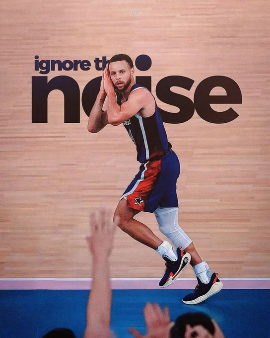 A graphic of NBA player Stephen Curry mid-jump shot in a USA basketball uniform, with the bold text 'ignore the noise' overlaid in the background.