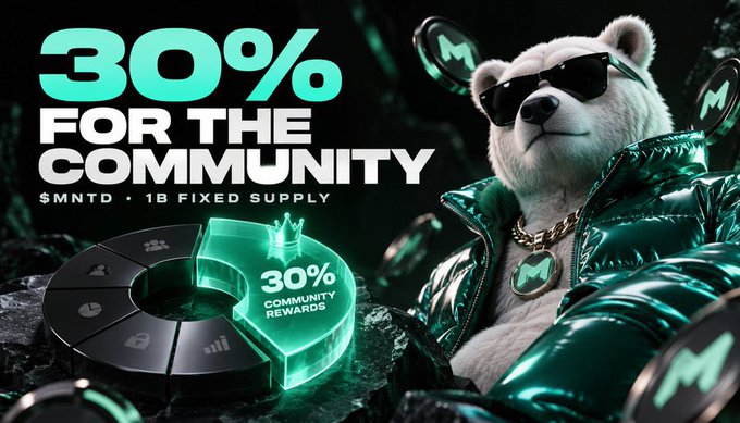 A promotional graphic featuring a white dog wearing sunglasses and a green puffy jacket, advertising '30% FOR THE COMMUNITY' for the $MNTD token with 1B fixed supply.