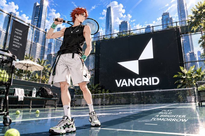 An anime-style illustration of a red-haired tennis player on a court with a large black 'VANGRID' logo, set against a city skyline with motivational text about physical health.