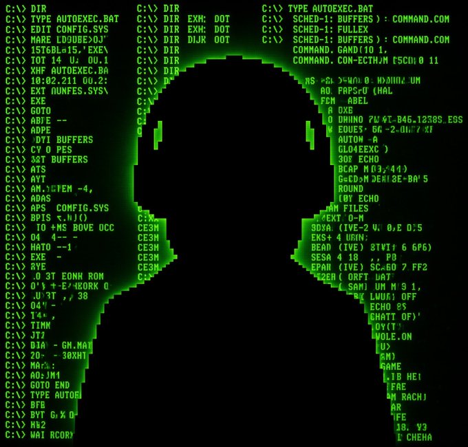A digital silhouette of a person wearing headphones formed by green matrix-style computer code on a black background, resembling an MS-DOS prompt.