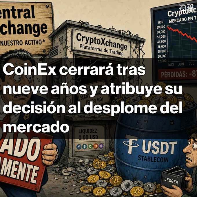 Cartoon illustration depicting the closure of the CoinEx exchange with the Spanish text 'CoinEx cerrará tras nueve años y atribuye su decisión al desplome del mercado', showing distressed characters, a crumbling 'CryptoXchange' booth, and a falling crypto price chart.