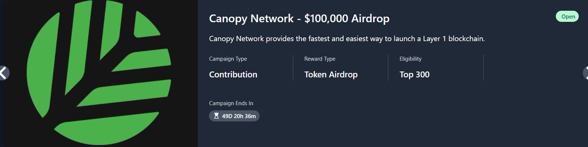 A promotional banner for the Canopy Network ($CNPY) $100,000 airdrop campaign on Nucleus Codes, highlighting a contribution-based reward for the top 300 participants, with a countdown timer showing 49 days, 20 hours, and 36 minutes remaining.