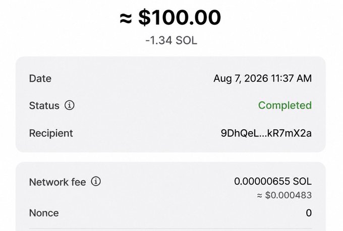 A transaction confirmation screenshot showing a completed transfer of approximately $100.00 (1.34 SOL) to the recipient address 9DhQeL...kR7mX2a, with a network fee of 0.00000655 SOL (≈$0.000483). This serves as proof of the $100 SOL prize the user claims to have sent to their followers.