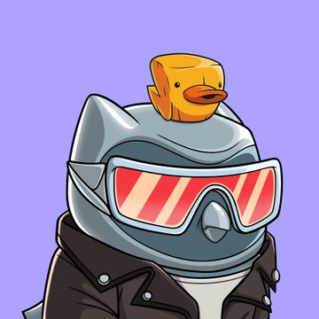A cartoon illustration of a character wearing a gray shark-like helmet with red-tinted ski goggles and a black leather jacket, with a small yellow duck perched on top of the helmet.