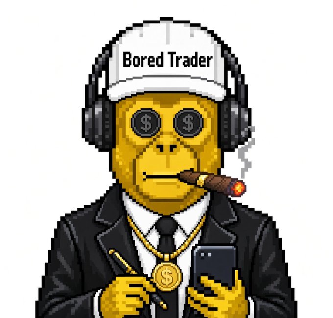 Pixel art of a golden monkey character wearing a 'Bored Trader' cap, headphones, a black suit with a gold dollar-sign medallion, smoking a cigar, and holding a pen and phone.