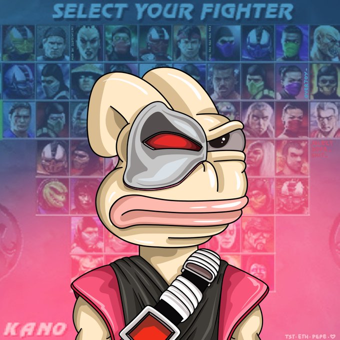 A digital artwork showing a Pepe-style frog character dressed as Mortal Kombat's Kano, wearing a metallic mask with a red eye and a red vest, set against a 'SELECT YOUR FIGHTER' character select screen background with 'KANO' labeled at the bottom.