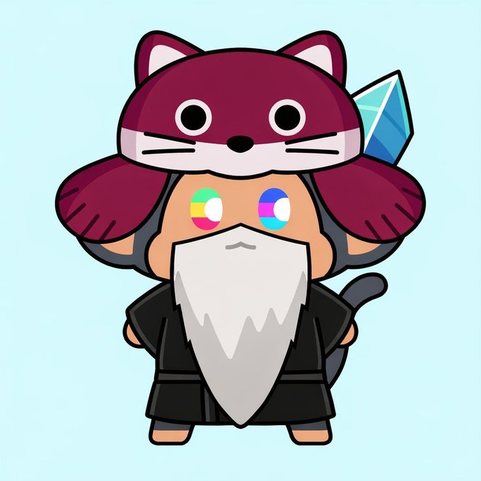 Cartoon illustration of a character with a long white beard wearing a maroon cat-eared hat and dark robe, featuring colorful eyes and a blue crystal on the back.
