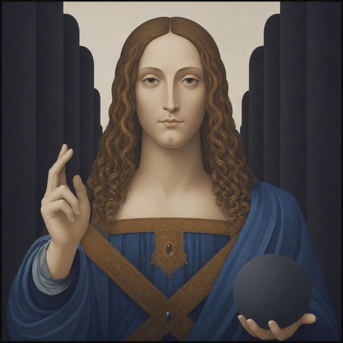 A classical religious portrait of a woman with long curly brown hair, wearing a blue robe with a gold-embroidered V-shaped neckline, holding up her right hand in a gesture while cradling a dark orb in her left hand.