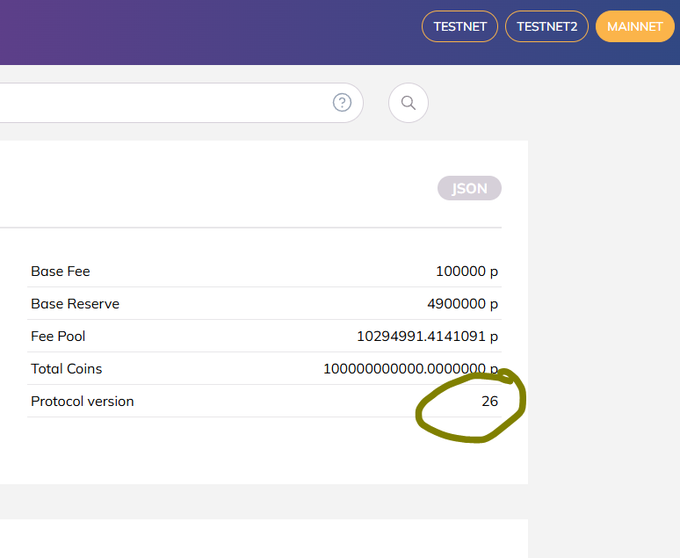 A mainnet dashboard displays key XRP Ledger parameters, with a hand-drawn circle highlighting the Protocol version value of "26," confirming the successful V26 mainnet upgrade. The screen also shows network metrics including Base Fee (100000 p), Base Reserve (4900000 p), Fee Pool, and Total Coins.