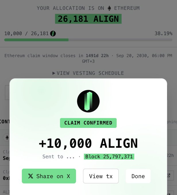The image shows a successful crypto claim confirmation of 10,000 ALIGN tokens on Ethereum, with 38.19% (10,000 of 26,181 ALIGN) claimed at block 25,797,371, while the remaining vesting window remains open until September 20, 2030. The "Likidite yok lmao" caption humorously reflects frustration at having only unlocked a small portion of the token allocation after a long wait, with limited liquidity to sell.