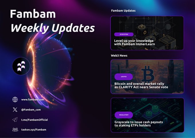 A 'Fambam Weekly Updates' newsletter graphic featuring Fambam Updates (Fambam ImmerLearn), Web3 News (Bitcoin and CLARITY Act), and Regulatory updates (Grayscale), with social handles @Fambam_com.