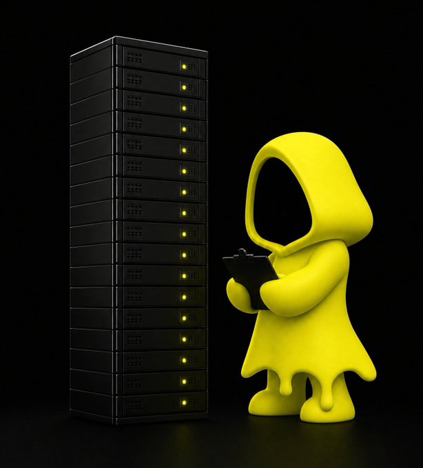 A yellow hooded figure holds a clipboard while standing next to a tall stack of black server racks with illuminated yellow lights, symbolizing the restored $MOTION bot service as it prepares to process verified users.