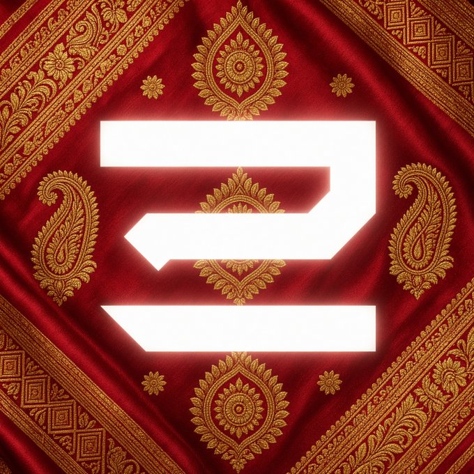 An ornate red and gold paisley patterned fabric background featuring a stylized white logo with glowing edges in the center.