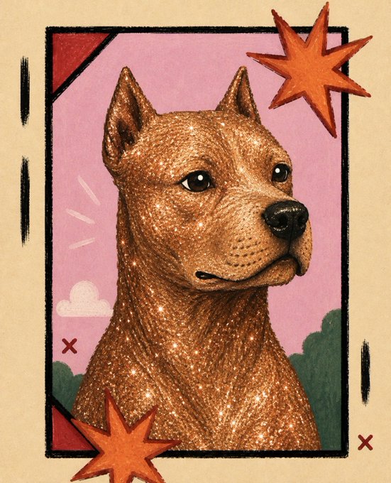 An illustration of a pit bull-type dog with a sparkly, starry texture on its fur, framed by orange stars against a pink background with green bushes.
