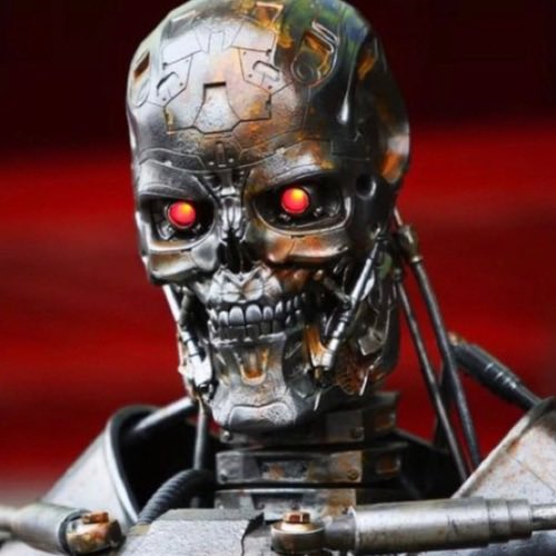 A close-up of a metallic, weathered robotic skull with glowing red eyes, resembling the T-800 endoskeleton from the Terminator franchise.