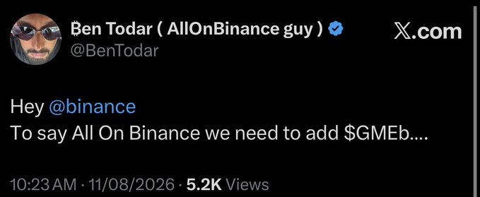 A screenshot of a tweet from Ben Todar (@BenTodar, AllOnBinance guy) posted at 10:23 AM on 11/08/2026 with 5.2K views, tagging @binance and requesting the listing of $GMEb to truly be "All On Binance." The post's "Ben the witch" caption humorously suggests he's casting spells on Binance to get the token listed.