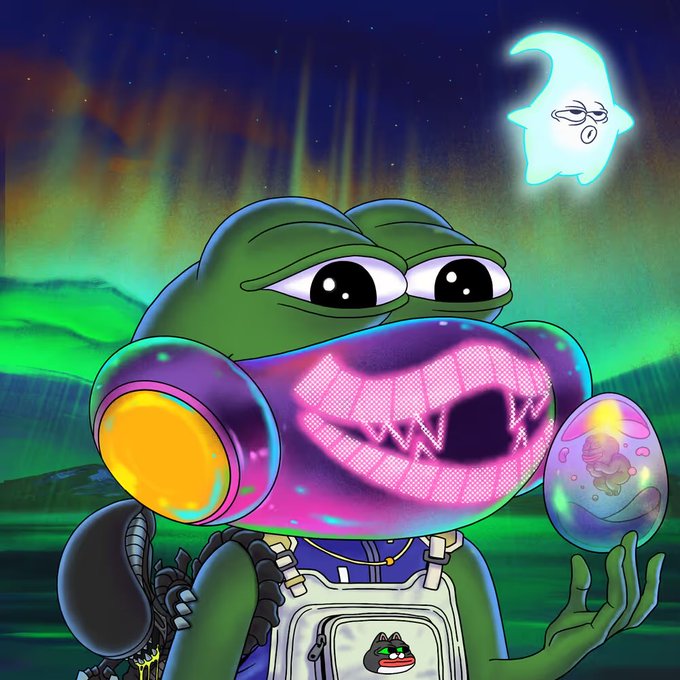 A psychedelic digital illustration of a frog wearing a glowing, glitchy respirator mask and overalls, holding a colorful orb, with a ghost floating in a neon aurora-lit sky.