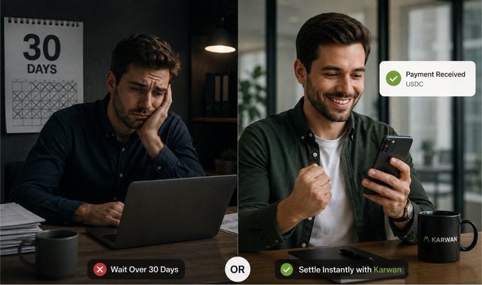An advertisement split into two images comparing waiting 30 days versus settling instantly with Karwan using USDC, showing a stressed man with a calendar versus a happy man receiving a payment notification.