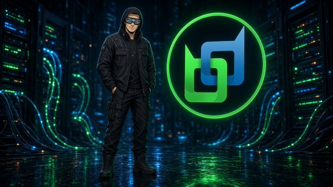 A digital illustration of a person in black tactical clothing and goggles standing in a dark data center with glowing green cables, posed next to a large green circular logo.