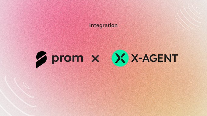 The image features a pink background with white text and logos for Prom and X-Agent. The text "integration" is written above the Prom logo, while the X-Agent logo is positioned below it. This suggests that these two companies are collaborating on an integration project or partnership to create a platform for developing and deploying AI agents using natural language processing capabilities.