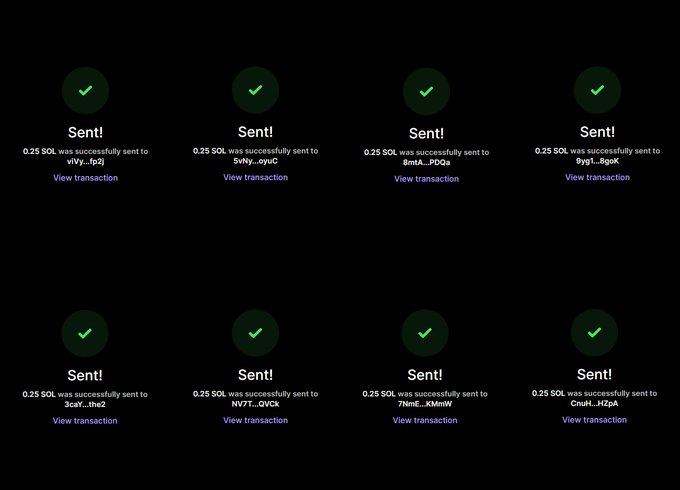 A grid of eight "Sent!" confirmation screens showing 0.25 SOL successfully transferred to various wallet addresses (including eNy..., 5xNy..., amA..., Pyg3..., 3oaY..., NV7T..., 7NmE..., and CruxH...) on the Solana blockchain, corresponding to the eight giveaway winners (@therealvictxria, @sammxxy01, @Benbruce_22, @rullyando, @morgansol34, @rRixkk, @azar111111111, @laykinsxbt) listed in the post.
